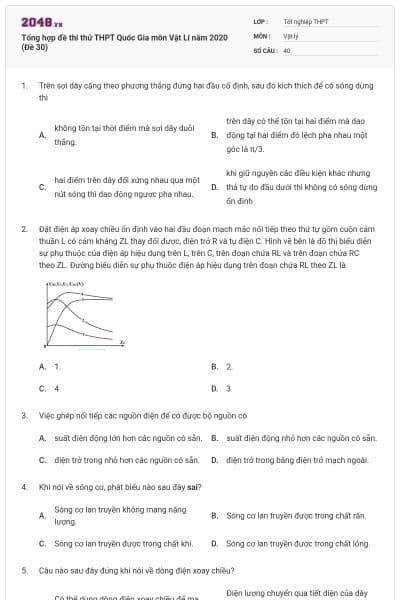 Tổng hợp đề thi thử THPT Quốc Gia môn Vật Lí năm 2020 (Đề 30)