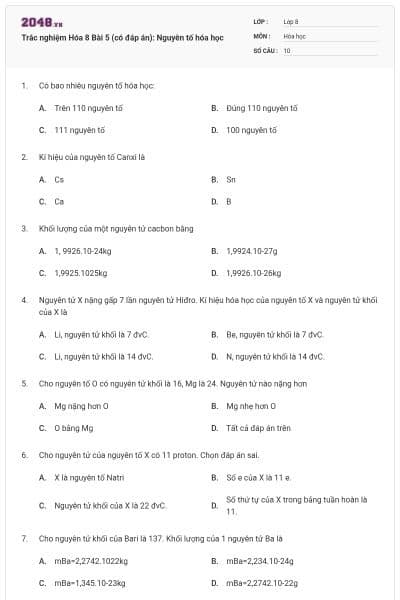 Trắc nghiệm Hóa 8 Bài 5 (có đáp án): Nguyên tố hóa học