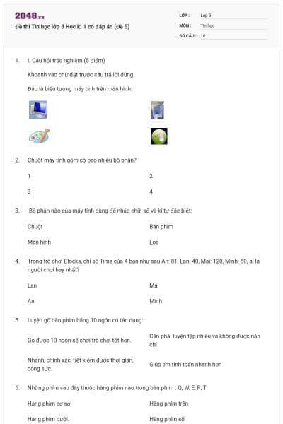 Đề thi Tin học lớp 3 Học kì 1 có đáp án (Đề 5)