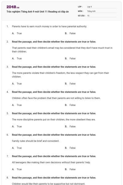 Trắc nghiệm Tiếng Anh 9 mới Unit 11 Reading có đáp án