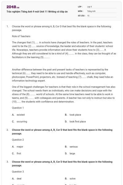 Trắc nghiệm Tiếng Anh 9 mới Unit 11 Writing có đáp án