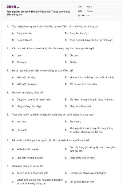 Trắc nghiệm tin học 6 Bài 2 (có đáp án): Thông tin và biểu diễn thông tin