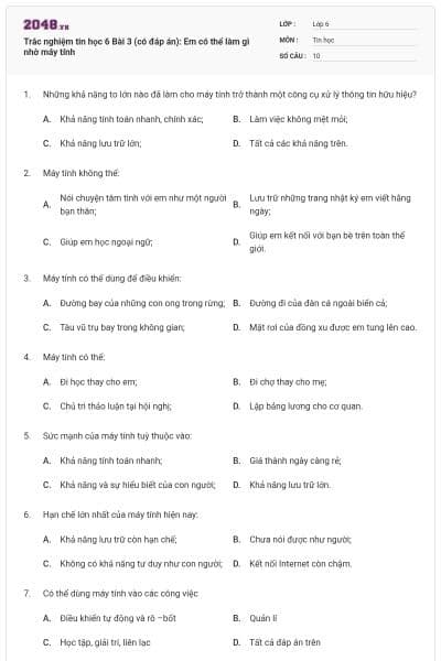 Trắc nghiệm tin học 6 Bài 3 (có đáp án): Em có thể làm gì nhờ máy tính