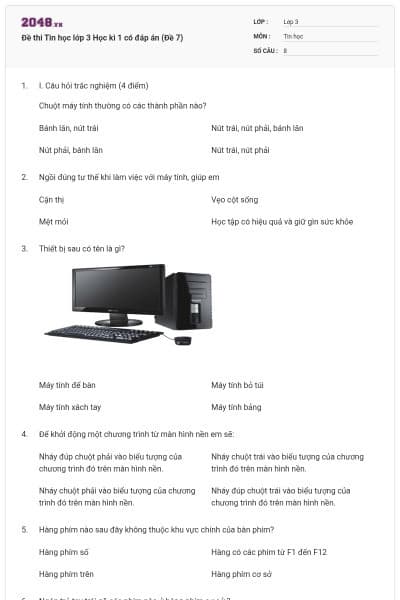 Đề thi Tin học lớp 3 Học kì 1 có đáp án (Đề 7)