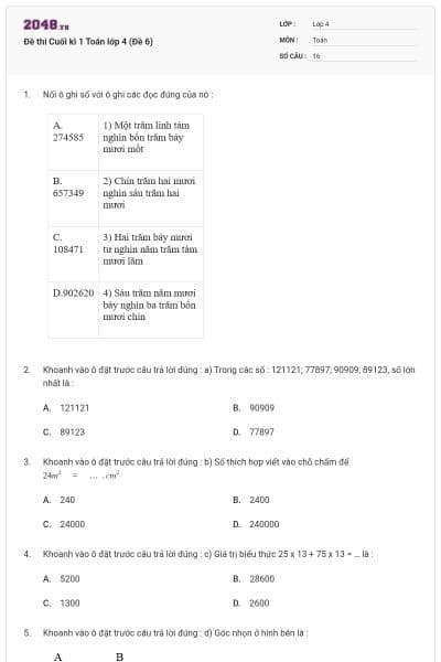 Đề thi Cuối kì 1 Toán lớp 4 (Đề 6)