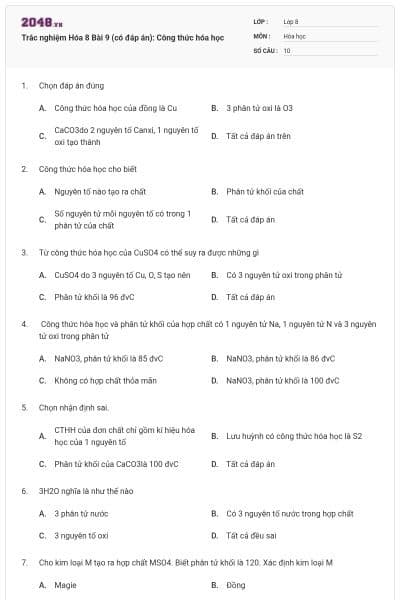 Trắc nghiệm Hóa 8 Bài 9 (có đáp án): Công thức hóa học