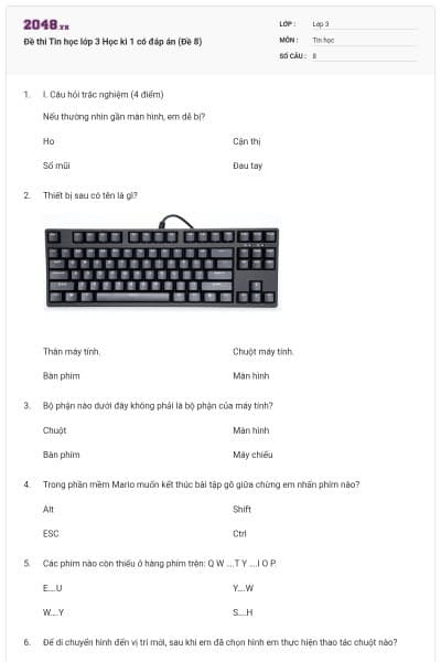 Đề thi Tin học lớp 3 Học kì 1 có đáp án (Đề 8)