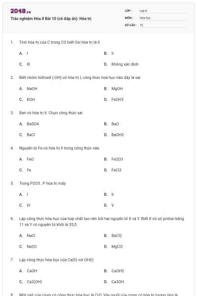Trắc nghiệm Hóa 8 Bài 10 (có đáp án): Hóa trị