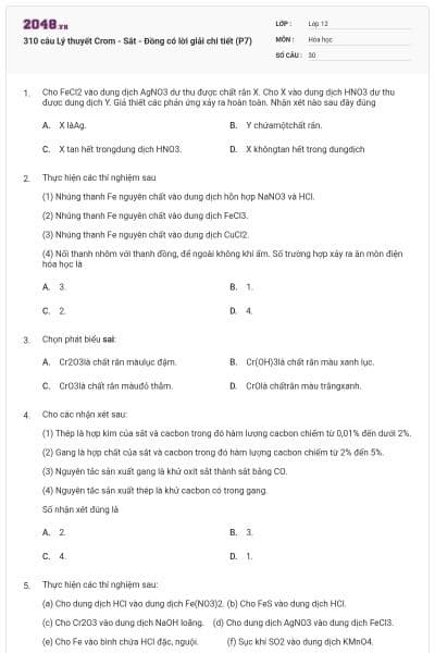 310 câu Lý thuyết Crom - Sắt - Đồng có lời giải chi tiết (P7)