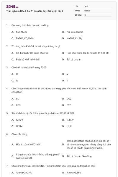 Trắc nghiệm Hóa 8 Bài 11 (có đáp án): Bài luyện tập 2