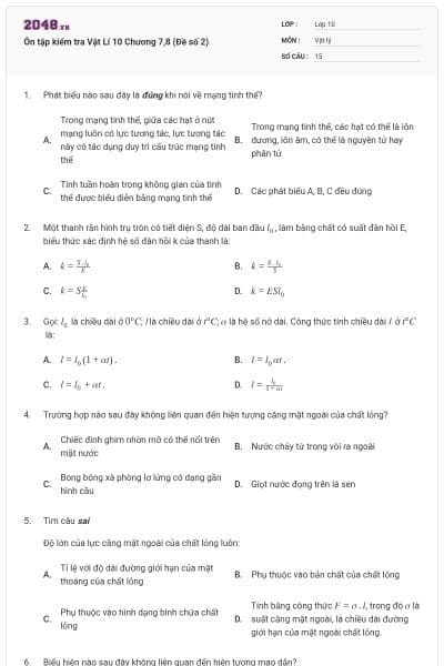 Ôn tập kiểm tra Vật Lí 10 Chương 7,8 (Đề số 2)