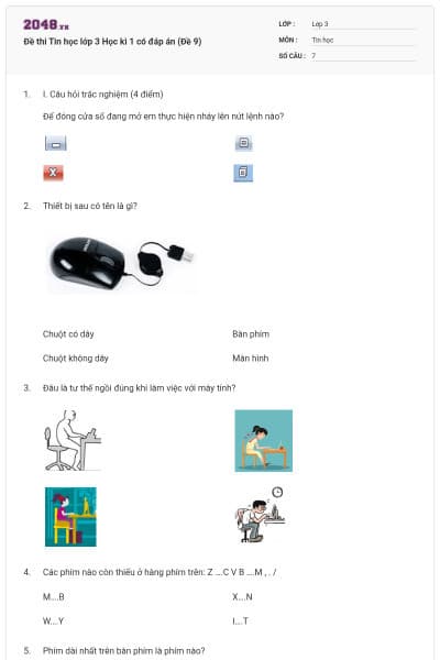 Đề thi Tin học lớp 3 Học kì 1 có đáp án (Đề 9)