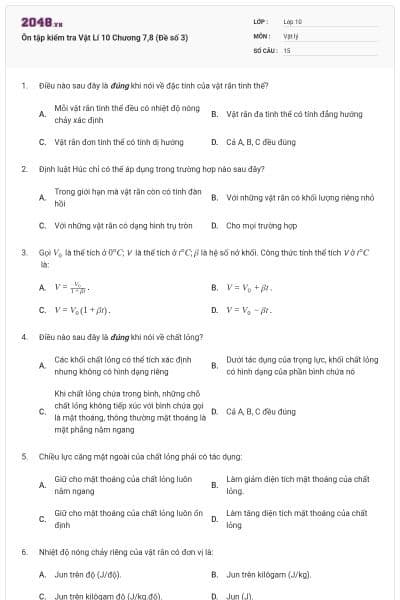 Ôn tập kiểm tra Vật Lí 10 Chương 7,8 (Đề số 3)