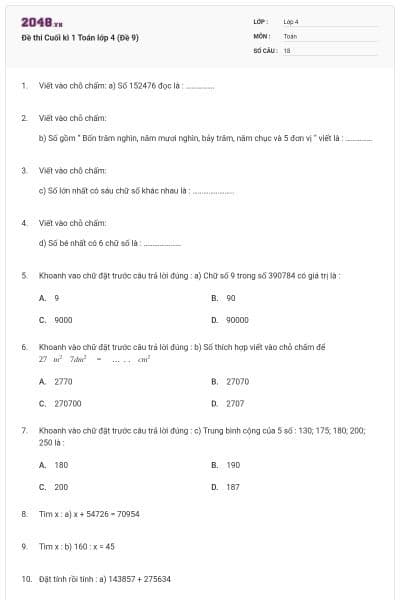 Đề thi Cuối kì 1 Toán lớp 4 (Đề 9)
