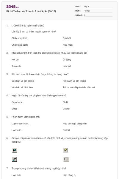 Đề thi Tin học lớp 3 Học kì 1 có đáp án (Đề 10)