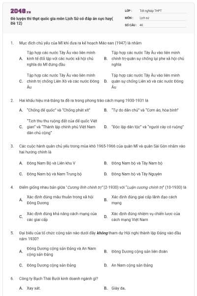 Đề luyện thi thpt quốc gia môn Lịch Sử có đáp án cực hay( Đề 12)
