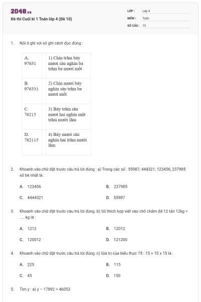 Đề thi Cuối kì 1 Toán lớp 4 (Đề 10)