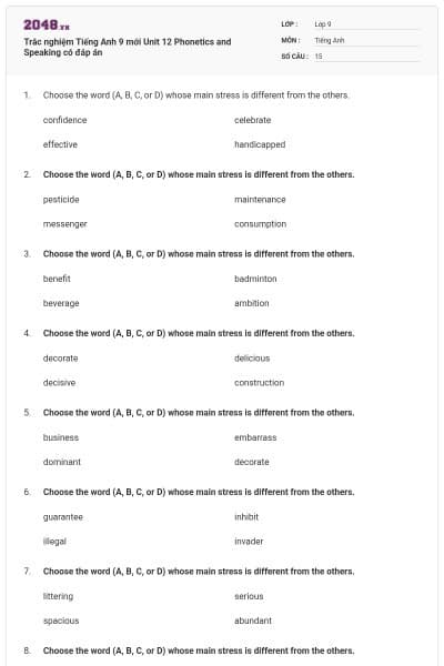 Trắc nghiệm Tiếng Anh 9 mới Unit 12 Phonetics and Speaking có đáp án