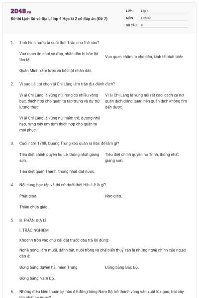 Đề thi Lịch Sử và Địa Lí lớp 4 Học kì 2 có đáp án (Đề 7)