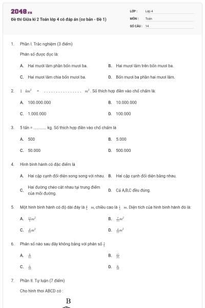 Đề thi Giữa kì 2 Toán lớp 4 có đáp án (cơ bản - Đề 1)