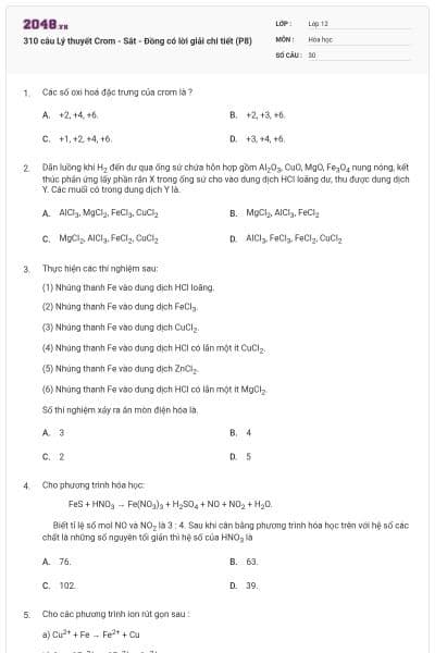 310 câu Lý thuyết Crom - Sắt - Đồng có lời giải chi tiết (P8)