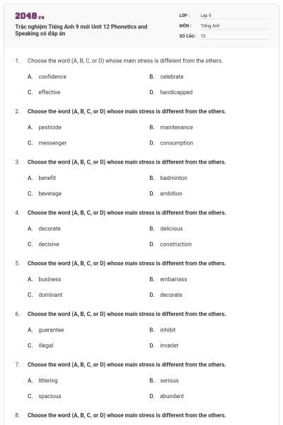 Trắc nghiệm Tiếng Anh 9 mới Unit 12 Phonetics and Speaking có đáp án