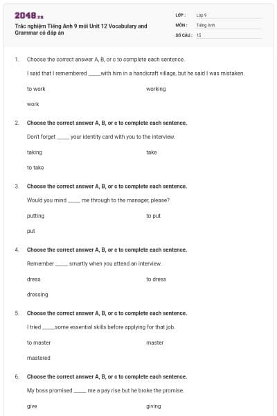 Trắc nghiệm Tiếng Anh 9 mới Unit 12 Vocabulary and Grammar có đáp án