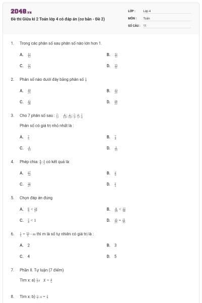 Đề thi Giữa kì 2 Toán lớp 4 có đáp án (cơ bản - Đề 2)