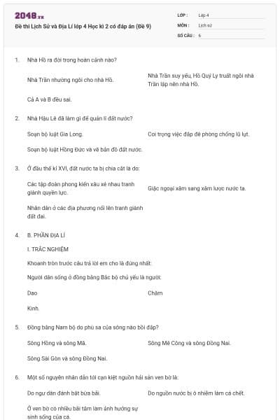 Đề thi Lịch Sử và Địa Lí lớp 4 Học kì 2 có đáp án (Đề 9)