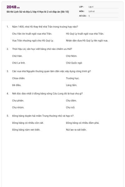 Đề thi Lịch Sử và Địa Lí lớp 4 Học kì 2 có đáp án (Đề 10)