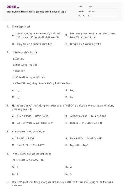 Trắc nghiệm Hóa 8 Bài 17 (có đáp án): Bài luyện tập 3