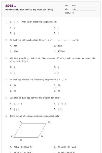 Đề thi Giữa kì 2 Toán lớp 4 có đáp án (cơ bản - Đề 3)