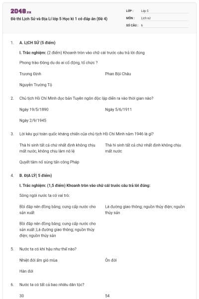 Đề thi Lịch Sử và Địa Lí lớp 5 Học kì 1 có đáp án (Đề 4)