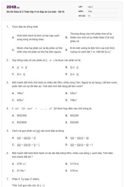 Đề thi Giữa kì 2 Toán lớp 4 có đáp án (cơ bản - Đề 4)