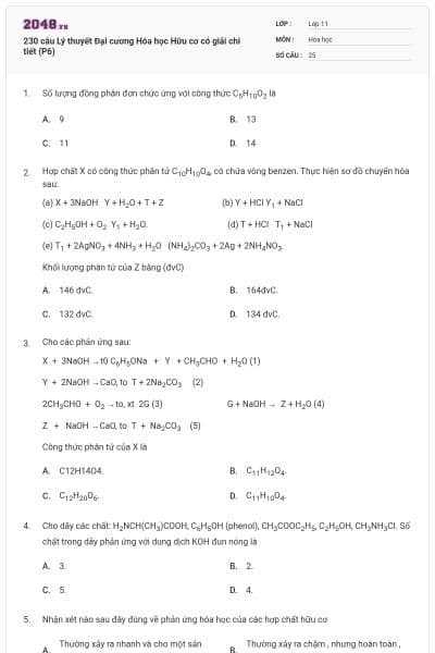 230 câu Lý thuyết Đại cương Hóa học Hữu cơ có giải chi tiết (P6)