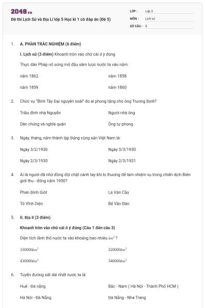 Đề thi Lịch Sử và Địa Lí lớp 5 Học kì 1 có đáp án (Đề 5)