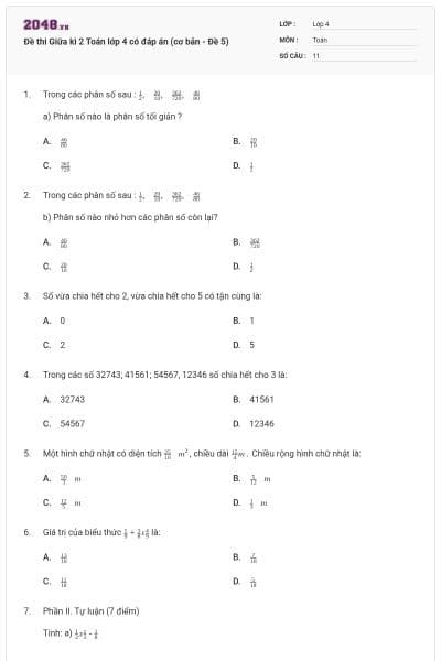 Đề thi Giữa kì 2 Toán lớp 4 có đáp án (cơ bản - Đề 5)