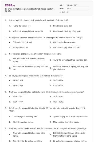 Đề luyện thi thpt quốc gia môn Lịch Sử có đáp án cực hay ( Đề 13)