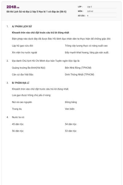 Đề thi Lịch Sử và Địa Lí lớp 5 Học kì 1 có đáp án (Đề 6)