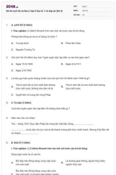 Đề thi Lịch Sử và Địa Lí lớp 5 Học kì 1 có đáp án (Đề 4)