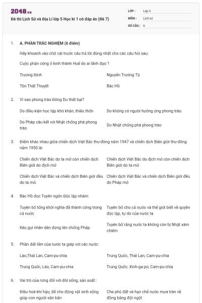 Đề thi Lịch Sử và Địa Lí lớp 5 Học kì 1 có đáp án (Đề 7)