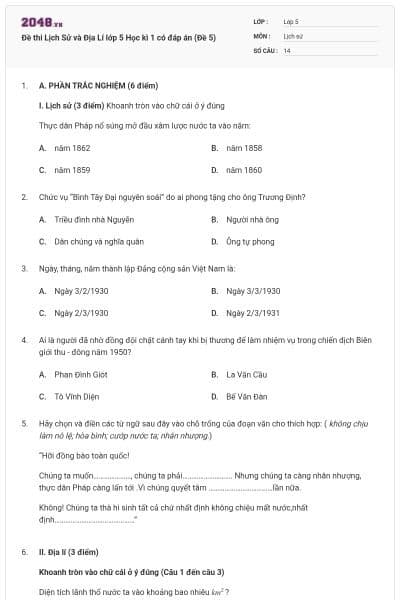 Đề thi Lịch Sử và Địa Lí lớp 5 Học kì 1 có đáp án (Đề 5)