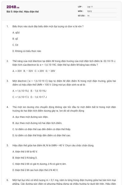 Bài 5: Điện thế. Hiệu điện thế