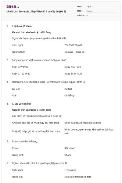 Đề thi Lịch Sử và Địa Lí lớp 5 Học kì 1 có đáp án (Đề 8)