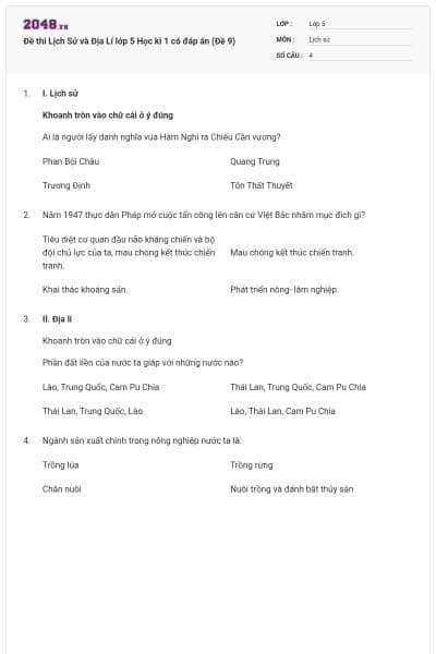 Đề thi Lịch Sử và Địa Lí lớp 5 Học kì 1 có đáp án (Đề 9)