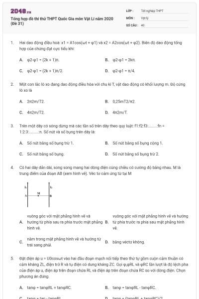 Tổng hợp đề thi thử THPT Quốc Gia môn Vật Lí năm 2020 (Đề 31)