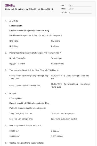 Đề thi Lịch Sử và Địa Lí lớp 5 Học kì 1 có đáp án (Đề 10)