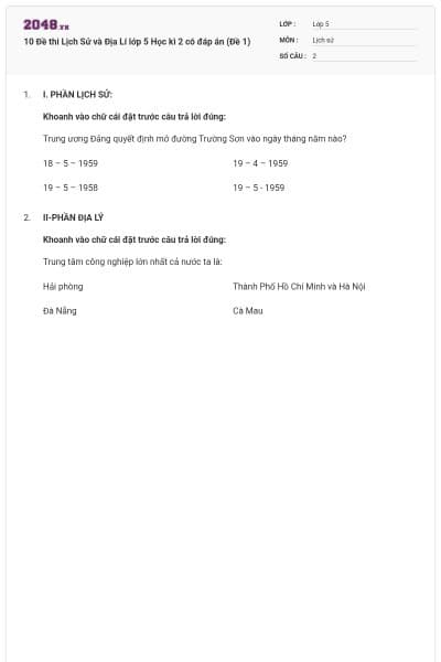 10 Đề thi Lịch Sử và Địa Lí lớp 5 Học kì 2 có đáp án (Đề 1)