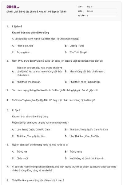Đề thi Lịch Sử và Địa Lí lớp 5 Học kì 1 có đáp án (Đề 9)