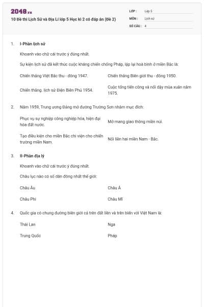 10 Đề thi Lịch Sử và Địa Lí lớp 5 Học kì 2 có đáp án (Đề 2)